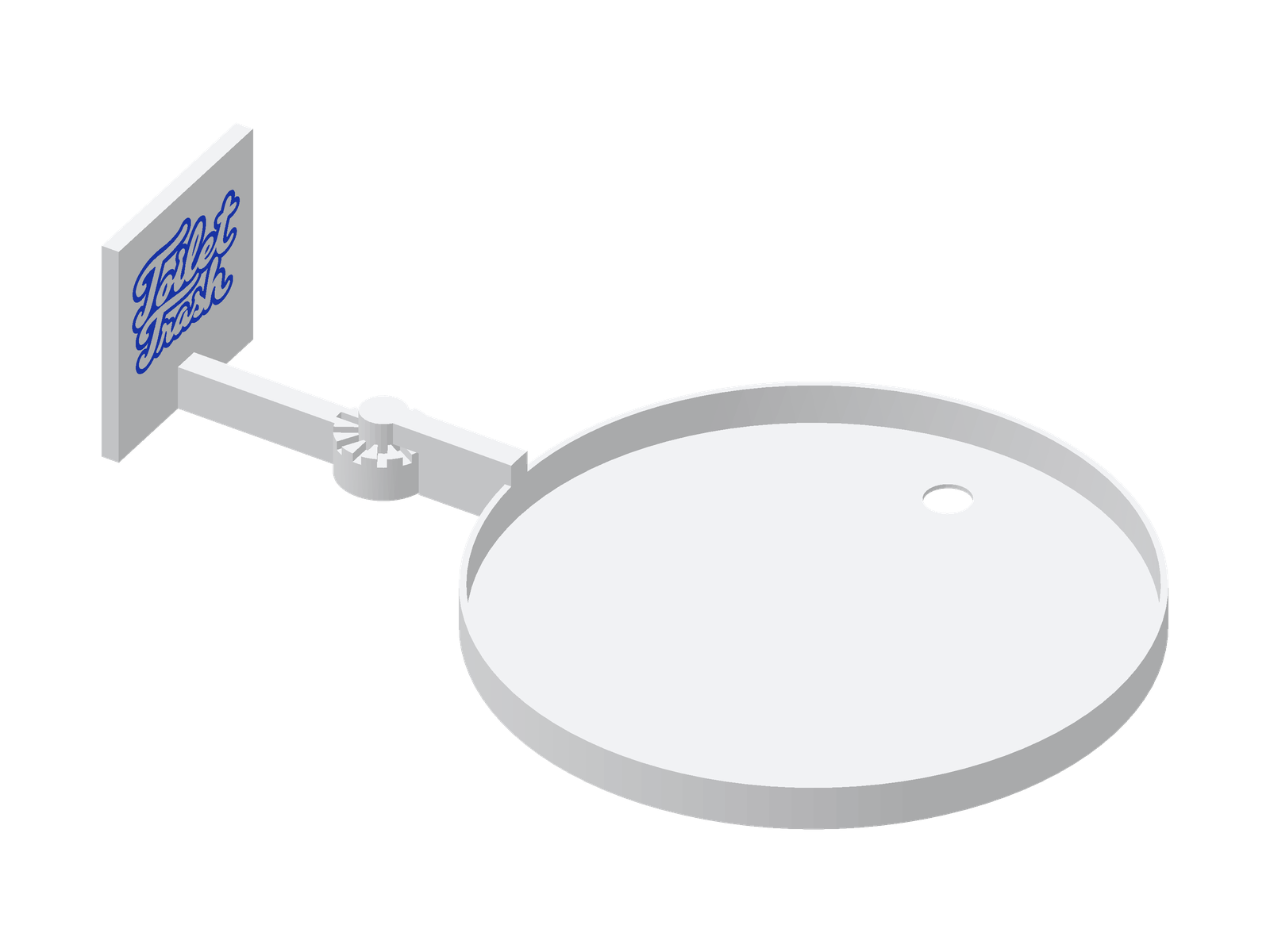 Toilet Trash assembled: wall mounting plate, rotational bracket, and round white collection sieve with a drain port.