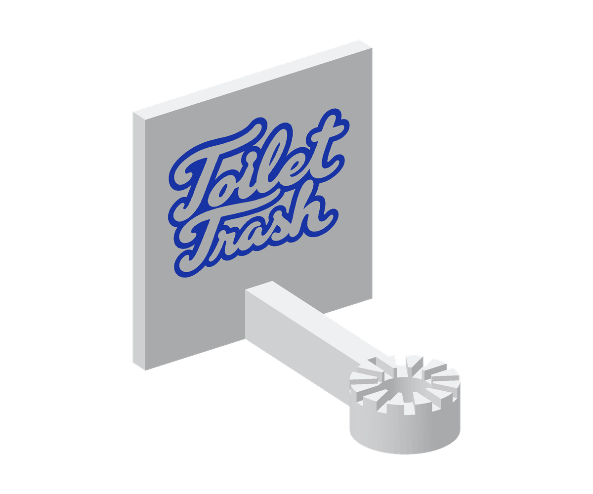 White mounting bracket with a blue Toilet Trash logo, showing the mounting plate, arm, and toothed rotational joint.